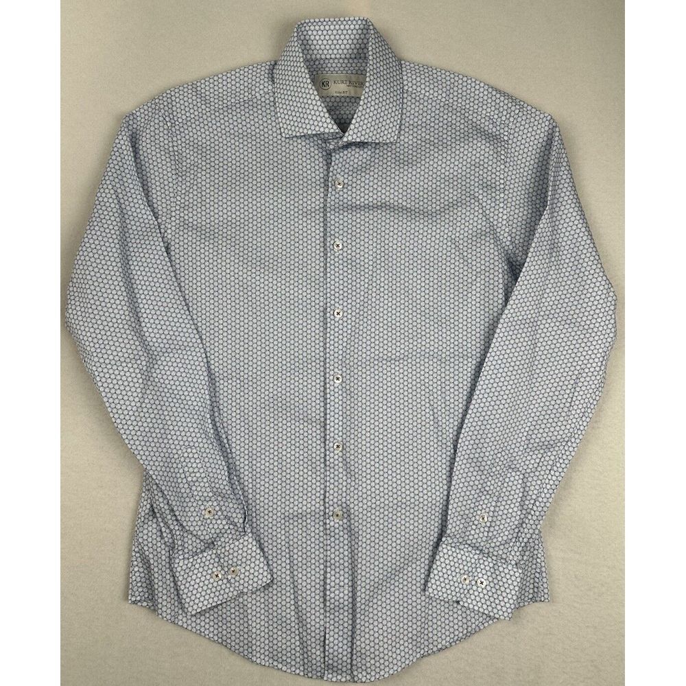 Kurt River Shirt Mens Medium Slim Fit Blue Geometric Long Sleeve Cotton‎